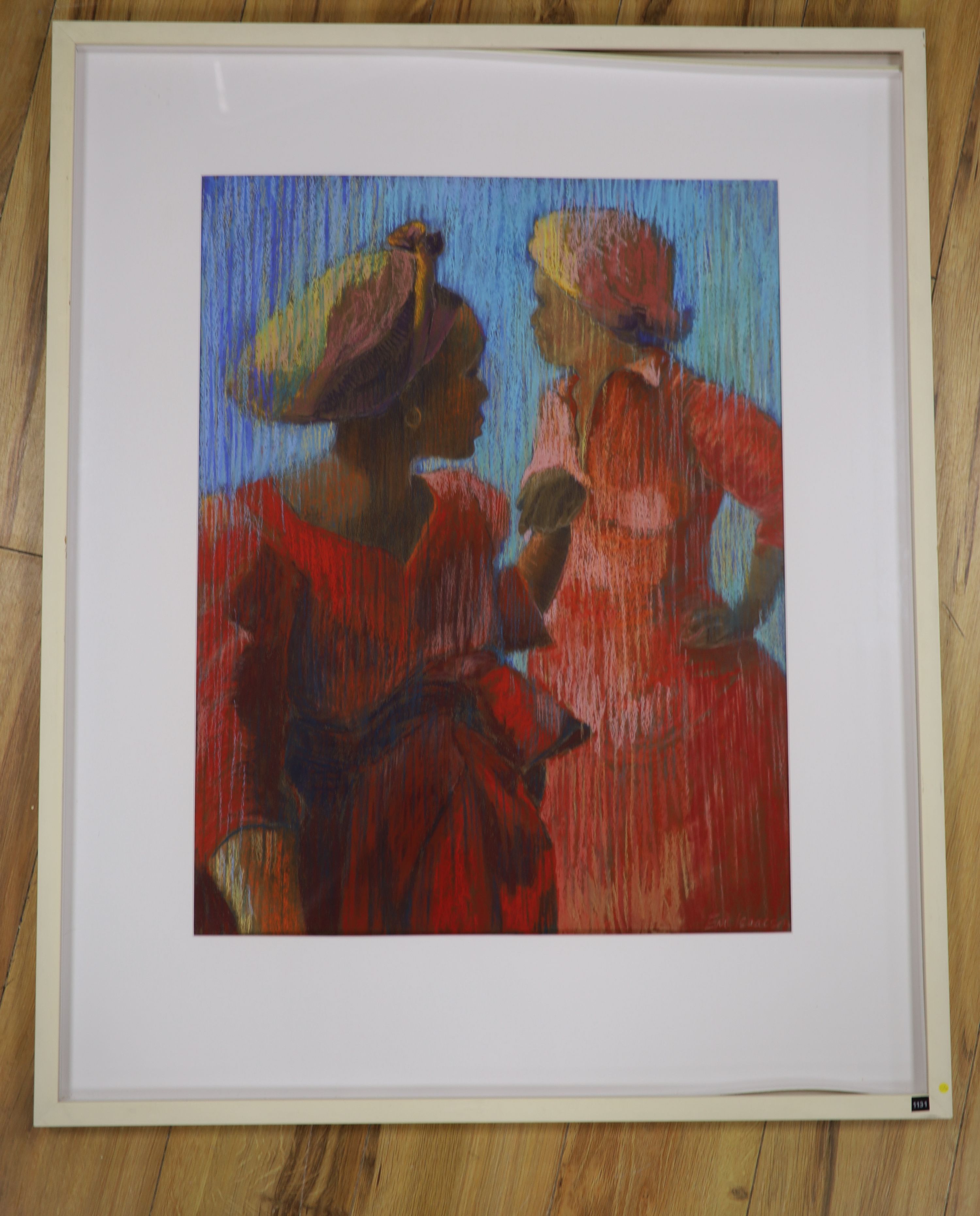 Em Isaacson, pastel on paper, 'Leaving the Market', signed, 2005 Boundary Gallery label verso, 64 x 49cm